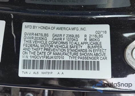 2018 Honda Accord Touring from USA, damaged, VIN 1HGCV1F90JA107010